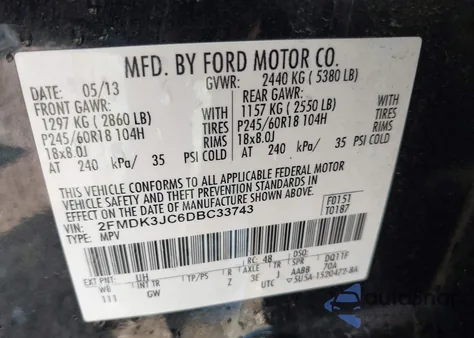 2013 Ford Edge Sel из США, поврежденный, VIN 2FMDK3JC6DBC33743